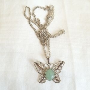 Vintage Silver Nephrite Jade Butterfly Necklace